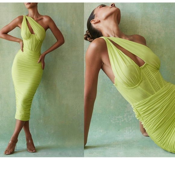 HOUSE OF CB 'Valentina'Lime neon Asymmetric Cutout Midi‎ Dress/Size XS plus cup - Picture 2 of 16